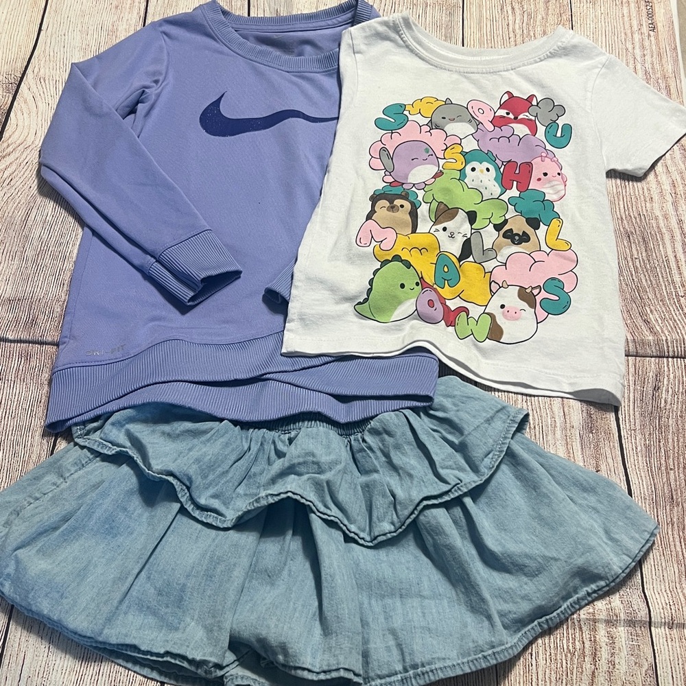 Nike Lavender Sweatshirt, Squishmallow Graphic Tee with Gap Denim Skirt like new
